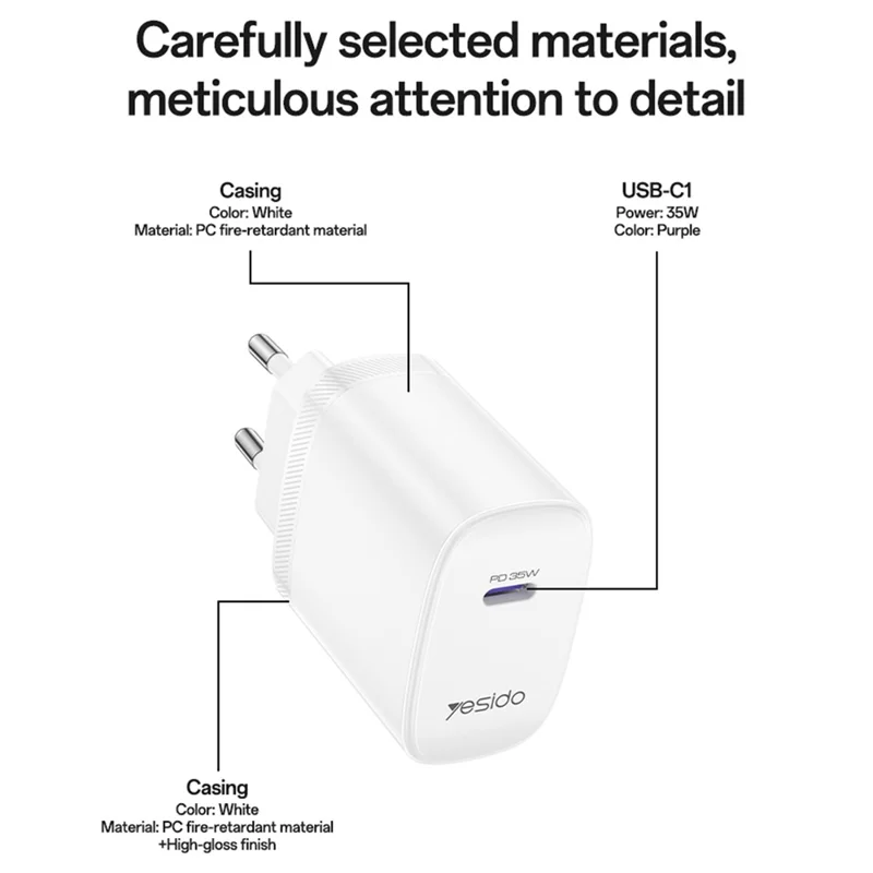 YESIDO YC107 EU Plug PD 35W USB-C Wall Charger Fast Charging Adapter with 1m Type-C Cable for Laptop Phone - White