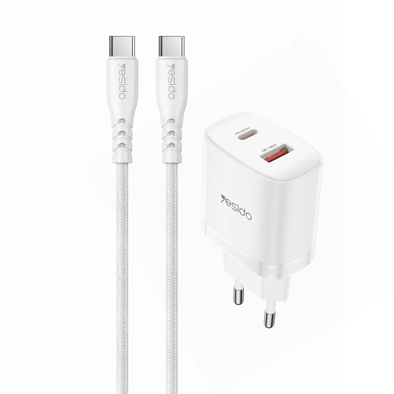 YESIDO YC106 EU Plug PD 20W USB-C + QC 18W USB-A Wall Charger Dual Port Fast Charging Adapter with 1m Type-C Cable - White