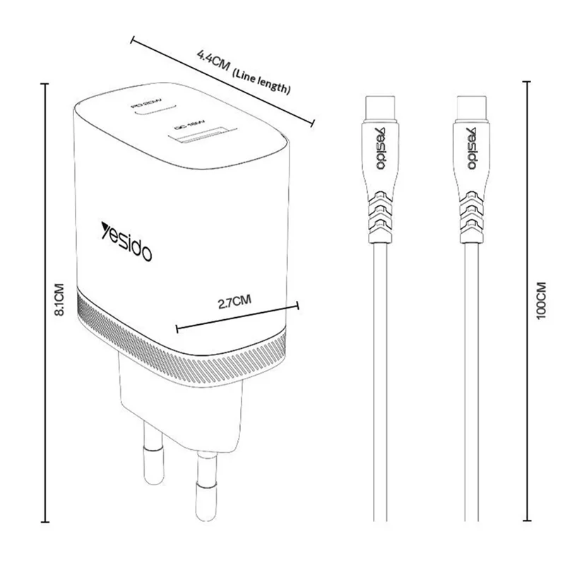 YESIDO YC106 EU Plug PD 20W USB-C + QC 18W USB-A Wall Charger Dual Port Fast Charging Adapter with 1m Type-C Cable - White