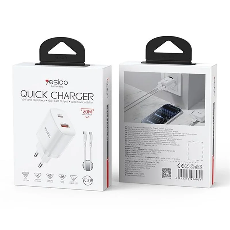 YESIDO YC106 EU Plug PD 20W USB-C + QC 18W USB-A Wall Charger Dual Port Fast Charging Adapter with 1m Type-C Cable - White