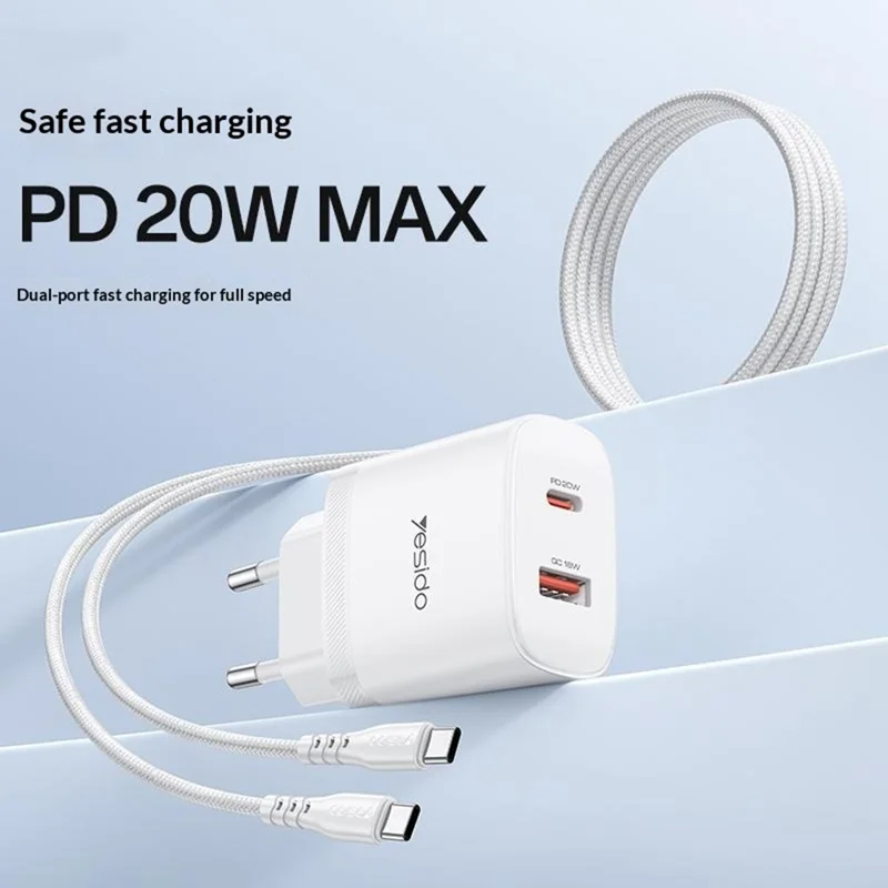 YESIDO YC106 EU Plug PD 20W USB-C + QC 18W USB-A Wall Charger Dual Port Fast Charging Adapter with 1m Type-C Cable - White