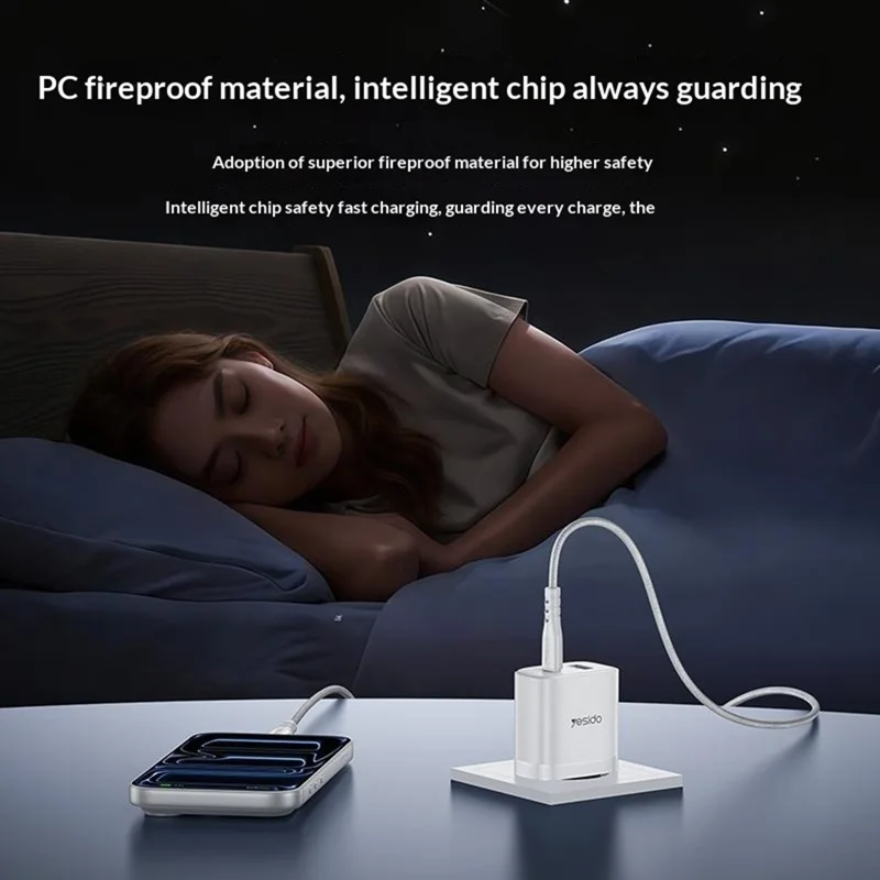 YESIDO YC106 EU Plug PD 20W USB-C + QC 18W USB-A Wall Charger Dual Port Fast Charging Adapter with 1m Type-C Cable - White