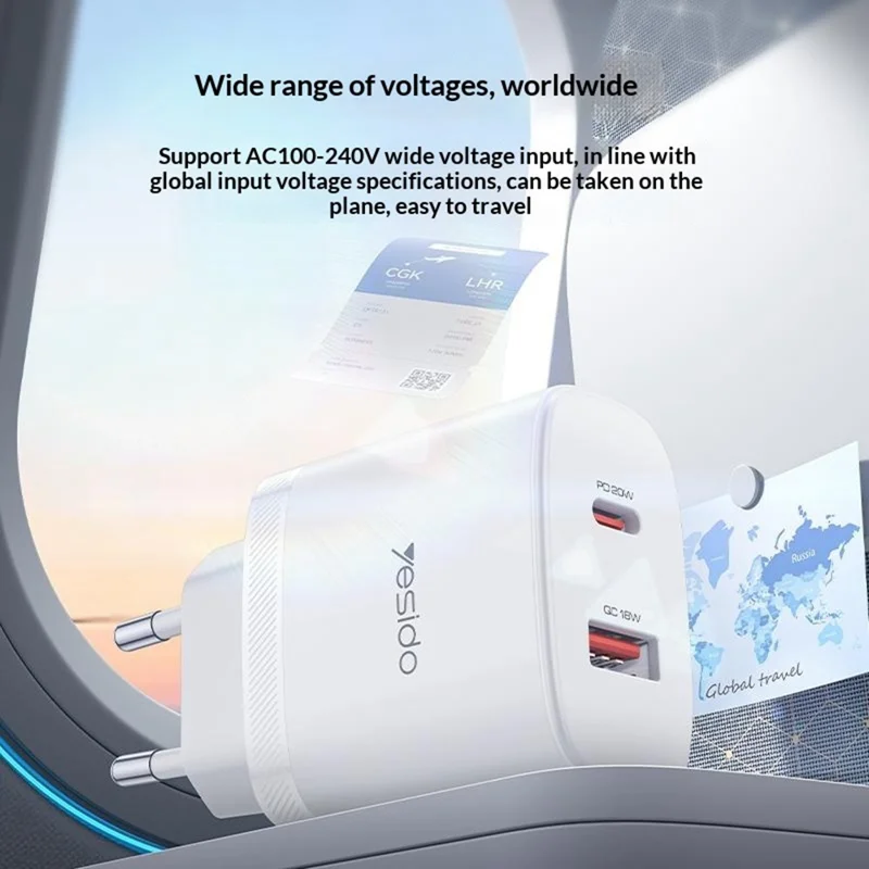 YESIDO YC106 EU Plug PD 20W USB-C + QC 18W USB-A Wall Charger Dual Port Fast Charging Adapter with 1m Type-C Cable - White