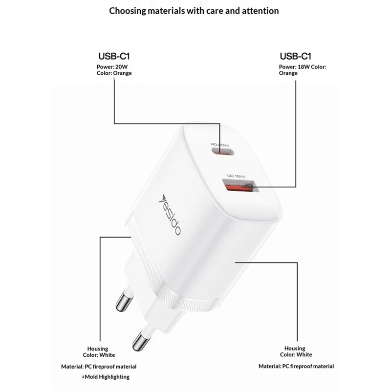 YESIDO YC106 EU Plug PD 20W USB-C + QC 18W USB-A Wall Charger Dual Port Fast Charging Adapter with 1m Type-C Cable - White