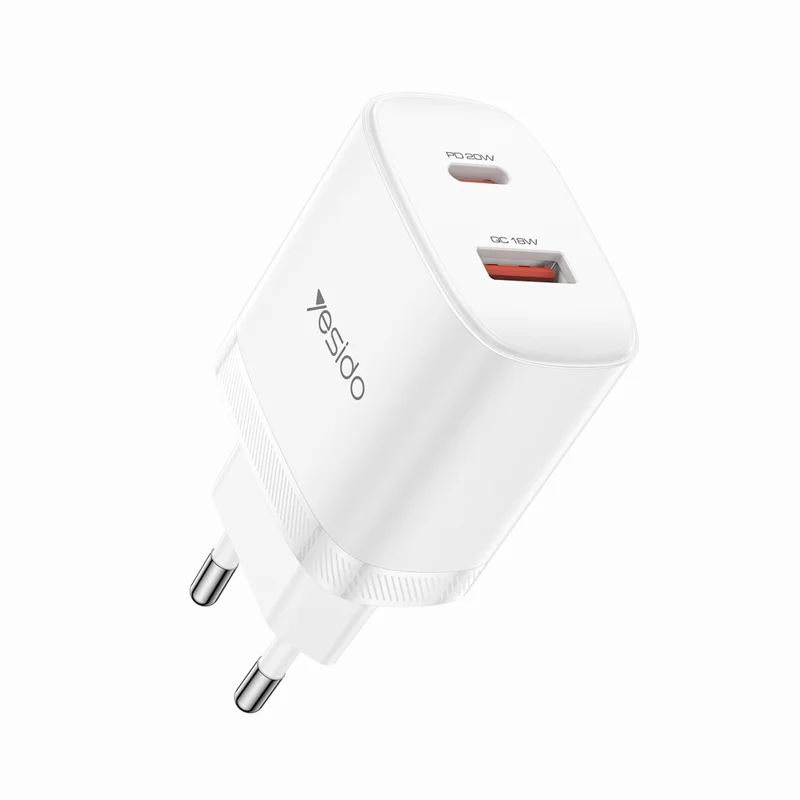 YESIDO YC106 EU Plug PD 20W USB-C + QC 18W USB-A Wall Charger Dual Port Fast Charging Adapter with 1m Type-C Cable - White
