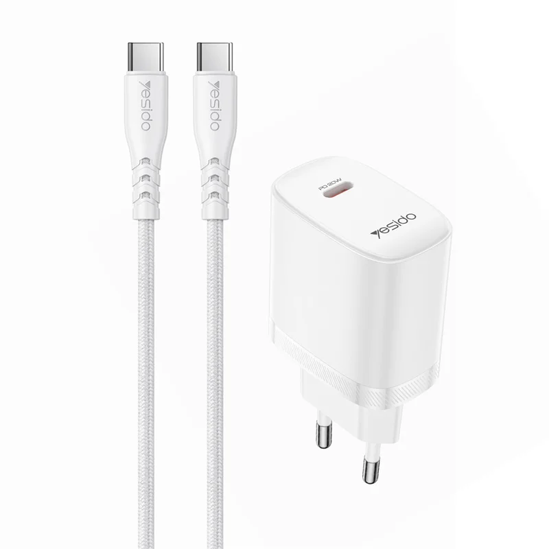 YESIDO YC105 EU Plug PD 20W USB-C Fast Charging Adapter Wall Charger with 1m Type-C Cable for iPhone iPad - White