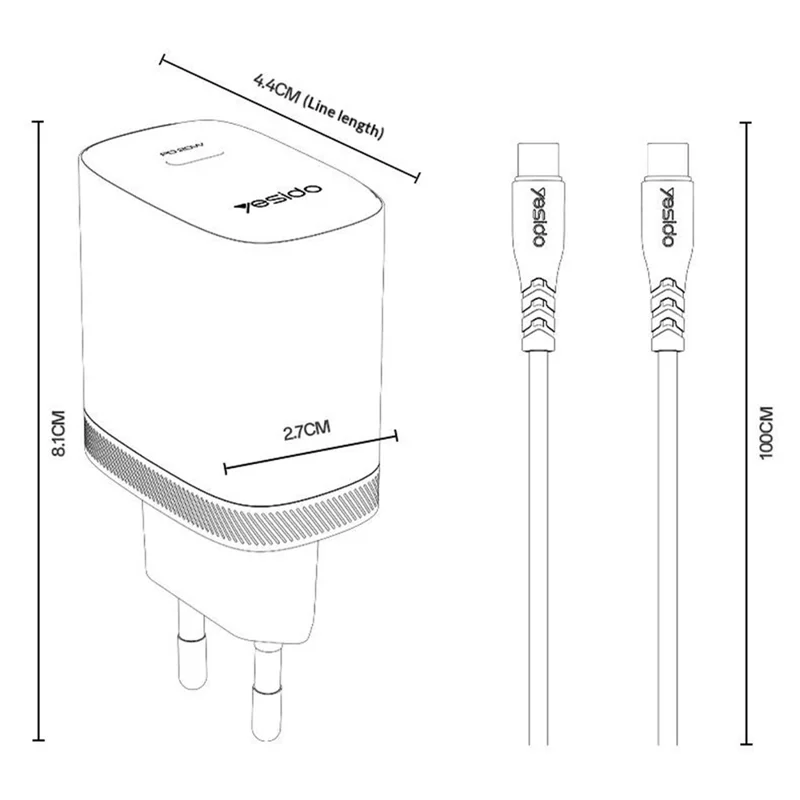 YESIDO YC105 EU Plug PD 20W USB-C Fast Charging Adapter Wall Charger with 1m Type-C Cable for iPhone iPad - White