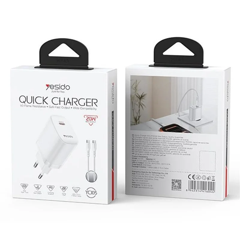 YESIDO YC105 EU Plug PD 20W USB-C Fast Charging Adapter Wall Charger with 1m Type-C Cable for iPhone iPad - White