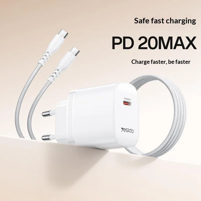YESIDO YC105 EU Plug PD 20W USB-C Fast Charging Adapter Wall Charger with 1m Type-C Cable for iPhone iPad - White