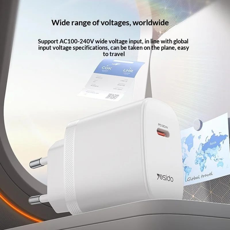 YESIDO YC105 EU Plug PD 20W USB-C Fast Charging Adapter Wall Charger with 1m Type-C Cable for iPhone iPad - White