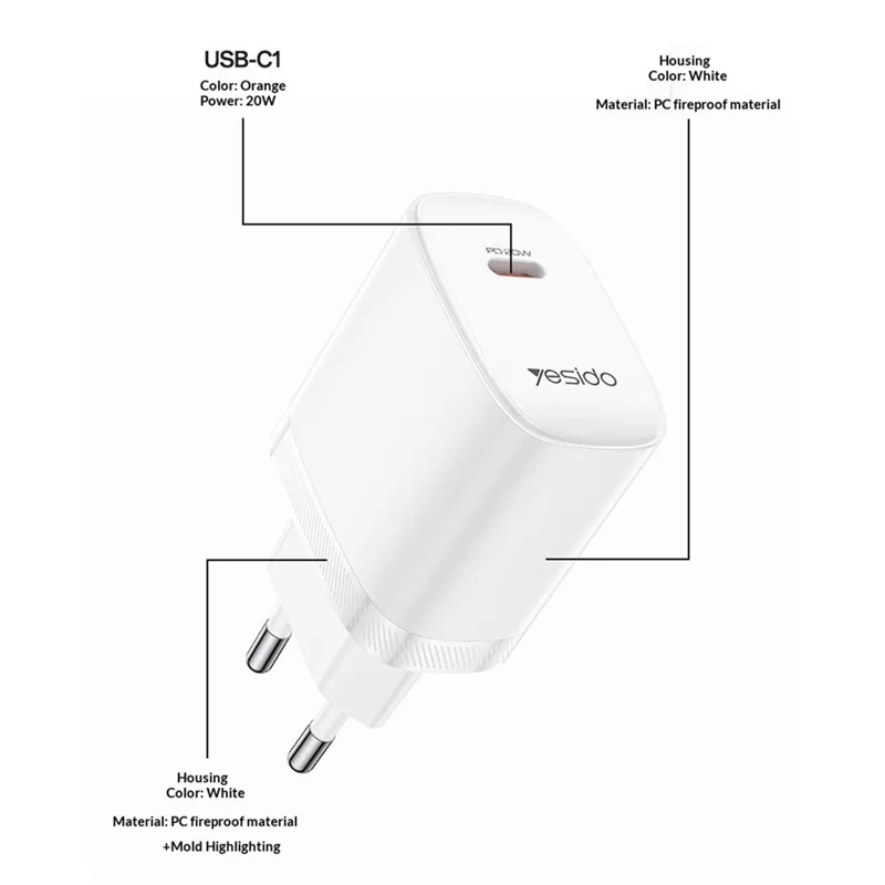 YESIDO YC105 EU Plug PD 20W USB-C Fast Charging Adapter Wall Charger with 1m Type-C Cable for iPhone iPad - White