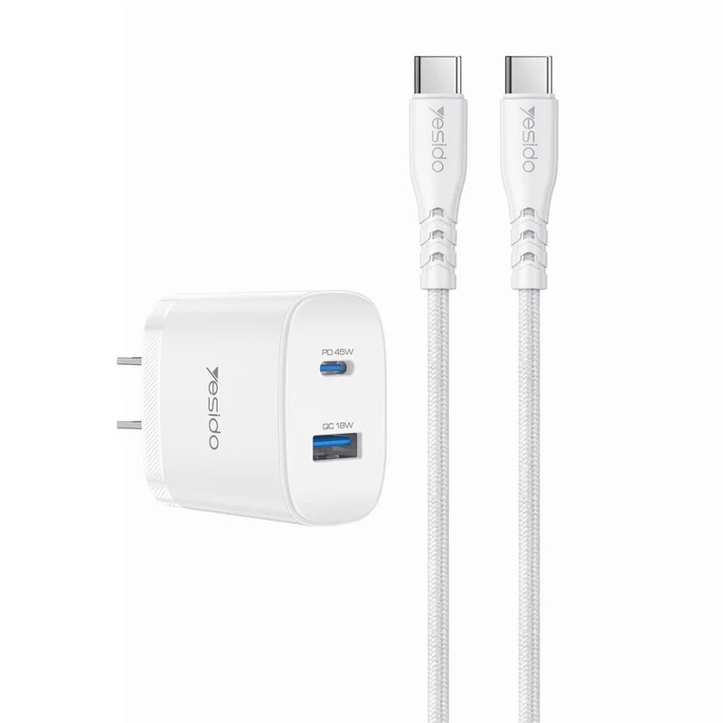 YESIDO YC23U US Plug PD 45W USB-C + QC 18W USB-A Wall Charger Dual Port Fast Charging Adapter with 1m Type-C Cable - White