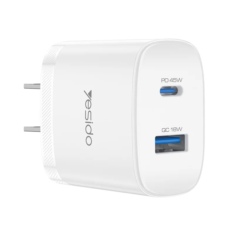 YESIDO YC23U US Plug PD 45W USB-C + QC 18W USB-A Wall Charger Dual Port Fast Charging Adapter with 1m Type-C Cable - White