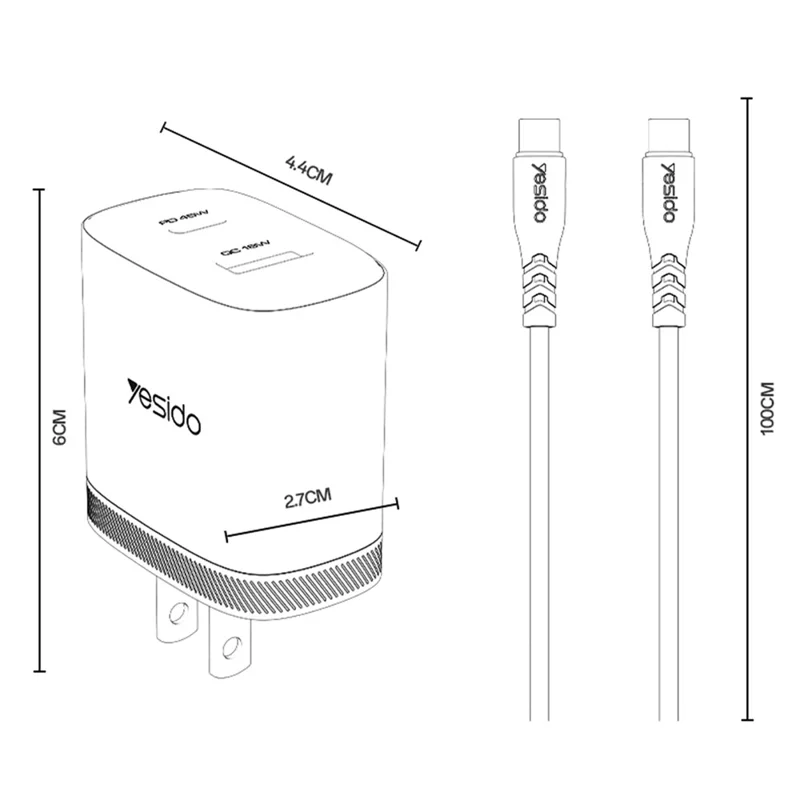 YESIDO YC23U US Plug PD 45W USB-C + QC 18W USB-A Wall Charger Dual Port Fast Charging Adapter with 1m Type-C Cable - White