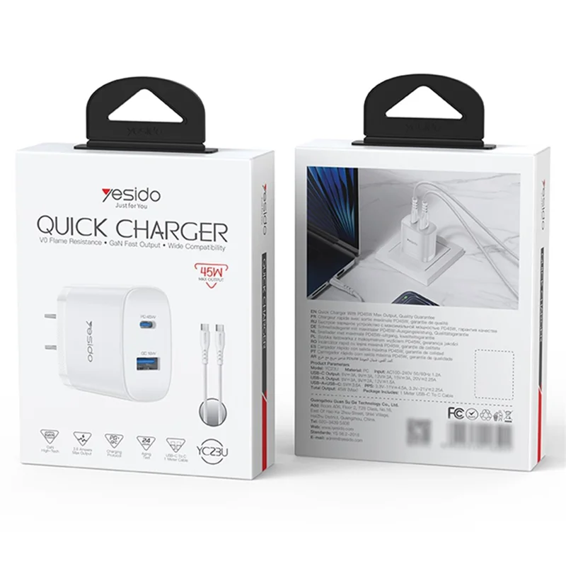 YESIDO YC23U US Plug PD 45W USB-C + QC 18W USB-A Wall Charger Dual Port Fast Charging Adapter with 1m Type-C Cable - White
