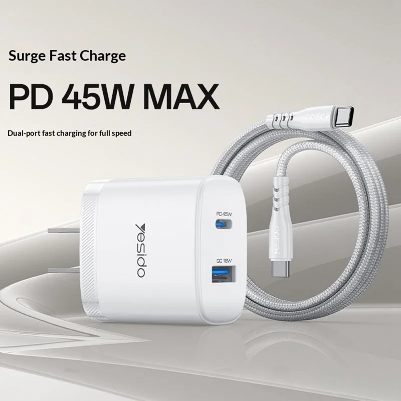 YESIDO YC23U US Plug PD 45W USB-C + QC 18W USB-A Wall Charger Dual Port Fast Charging Adapter with 1m Type-C Cable - White
