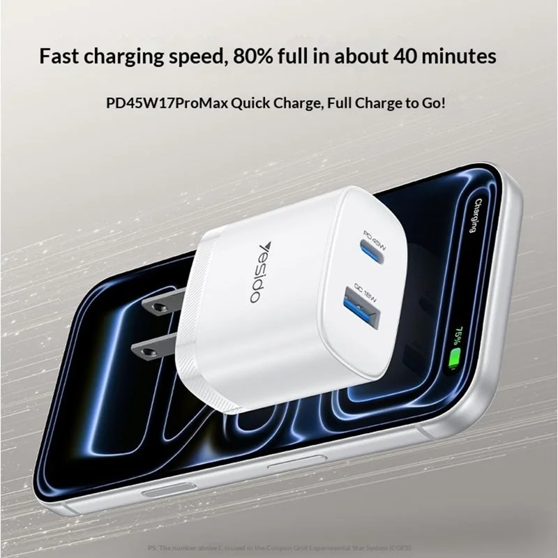 YESIDO YC23U US Plug PD 45W USB-C + QC 18W USB-A Wall Charger Dual Port Fast Charging Adapter with 1m Type-C Cable - White