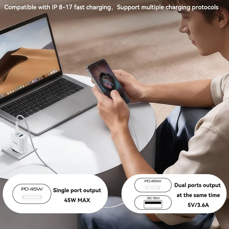 YESIDO YC23U US Plug PD 45W USB-C + QC 18W USB-A Wall Charger Dual Port Fast Charging Adapter with 1m Type-C Cable - White