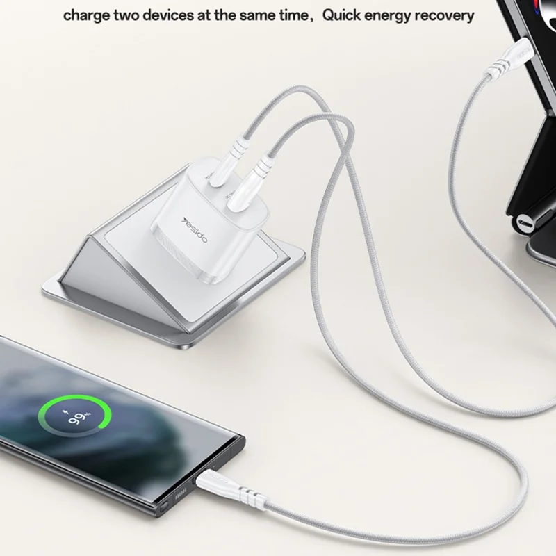 YESIDO YC23U US Plug PD 45W USB-C + QC 18W USB-A Wall Charger Dual Port Fast Charging Adapter with 1m Type-C Cable - White