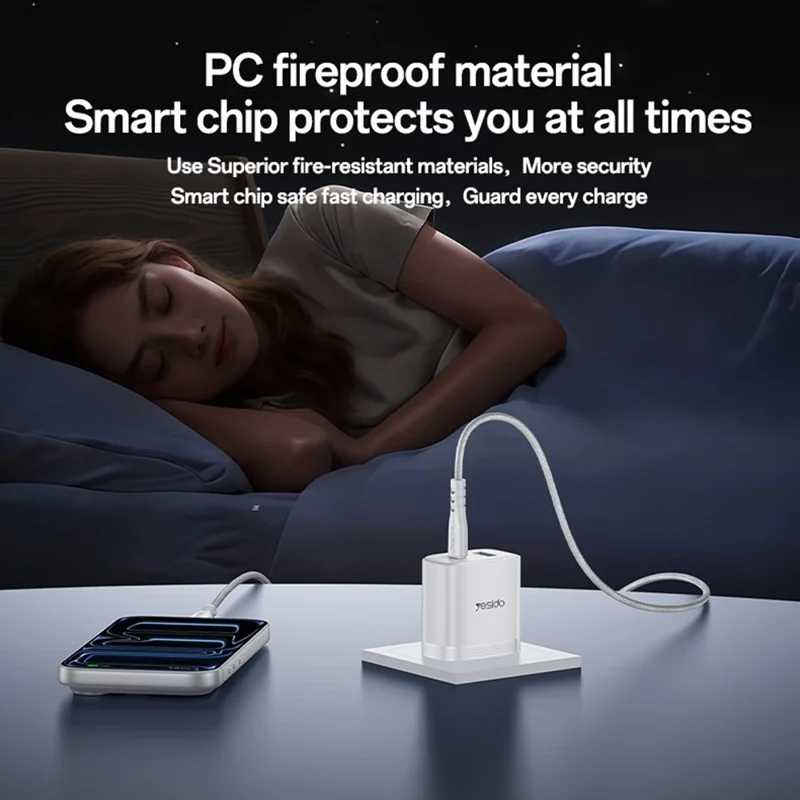 YESIDO YC23U US Plug PD 45W USB-C + QC 18W USB-A Wall Charger Dual Port Fast Charging Adapter with 1m Type-C Cable - White