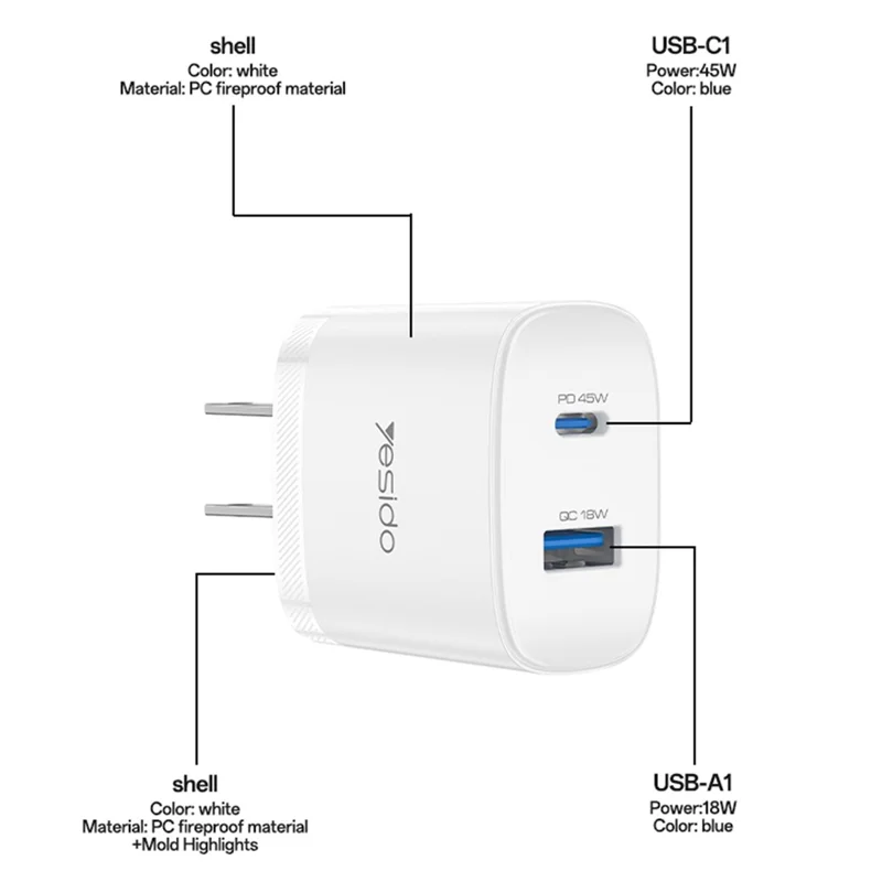 YESIDO YC23U US Plug PD 45W USB-C + QC 18W USB-A Wall Charger Dual Port Fast Charging Adapter with 1m Type-C Cable - White