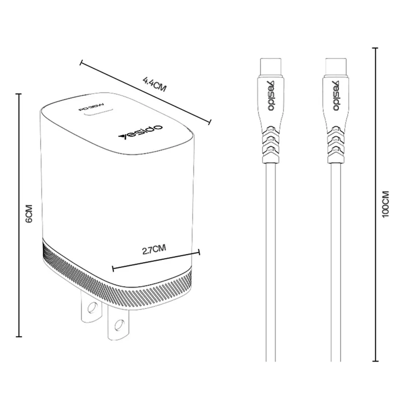 YESIDO YC20U US Plug PD 35W USB-C Wall Charger Fast Charging Adapter with 1m Type-C Cable for Laptop Phone - White