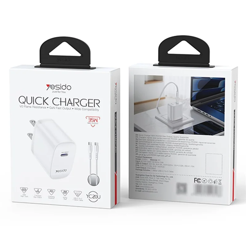 YESIDO YC20U US Plug PD 35W USB-C Wall Charger Fast Charging Adapter with 1m Type-C Cable for Laptop Phone - White
