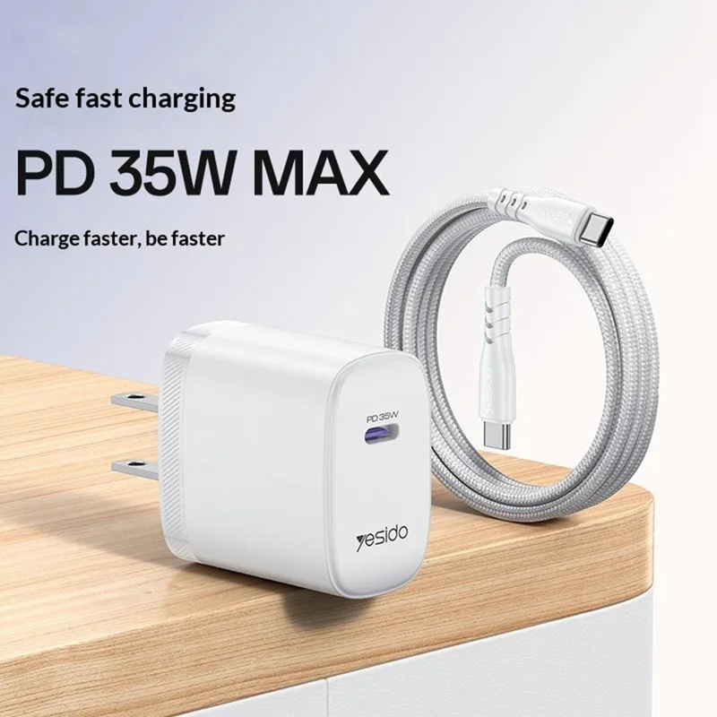 YESIDO YC20U US Plug PD 35W USB-C Wall Charger Fast Charging Adapter with 1m Type-C Cable for Laptop Phone - White