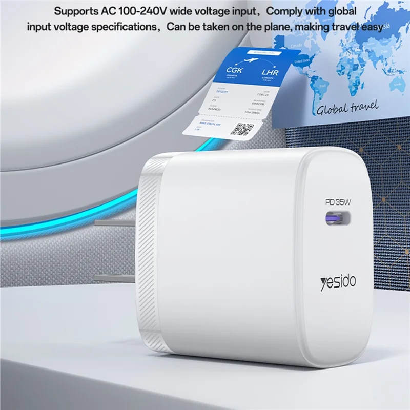 YESIDO YC20U US Plug PD 35W USB-C Wall Charger Fast Charging Adapter with 1m Type-C Cable for Laptop Phone - White