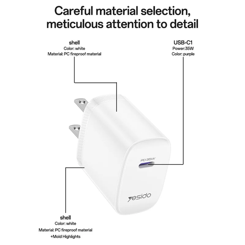 YESIDO YC20U US Plug PD 35W USB-C Wall Charger Fast Charging Adapter with 1m Type-C Cable for Laptop Phone - White