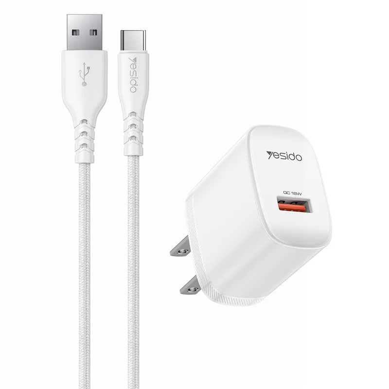 YESIDO YC24U US Plug QC 3.0 18W USB-A Fast Charging Adapter Wall Charger with 1m USB-A to Type-C Cable - White