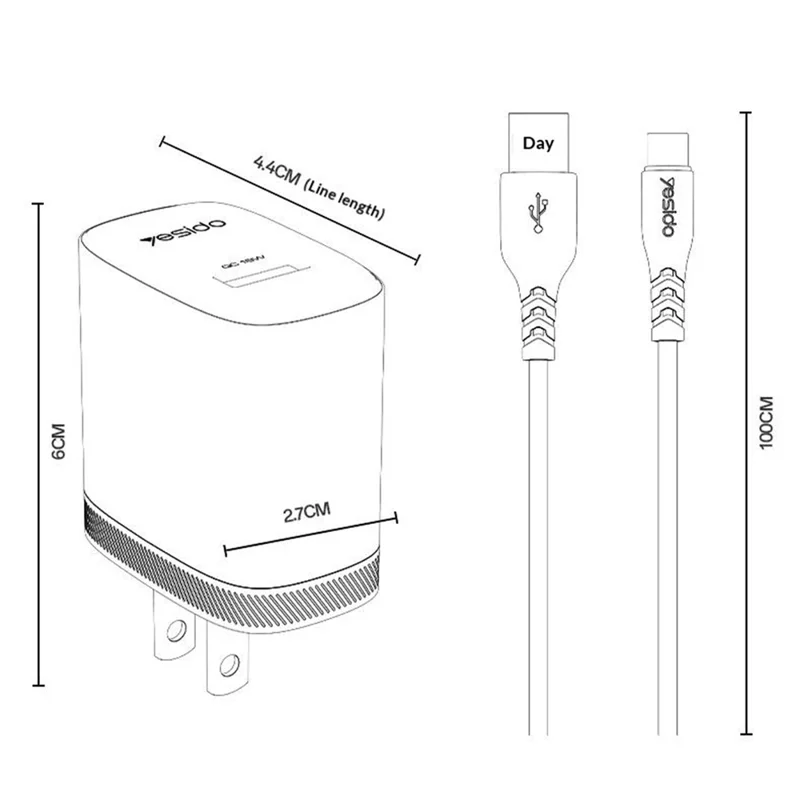 YESIDO YC24U US Plug QC 3.0 18W USB-A Fast Charging Adapter Wall Charger with 1m USB-A to Type-C Cable - White