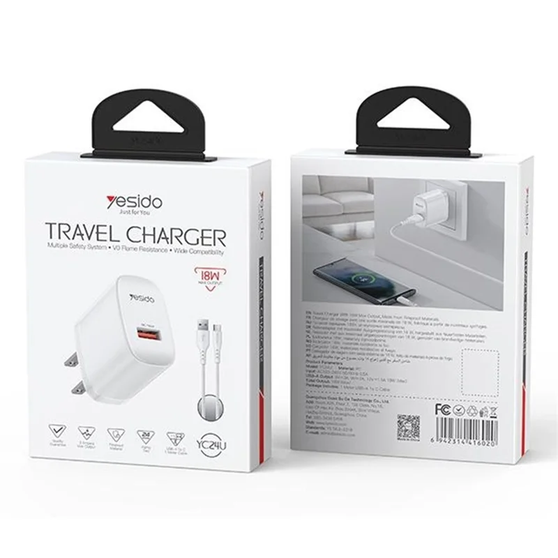 YESIDO YC24U US Plug QC 3.0 18W USB-A Fast Charging Adapter Wall Charger with 1m USB-A to Type-C Cable - White