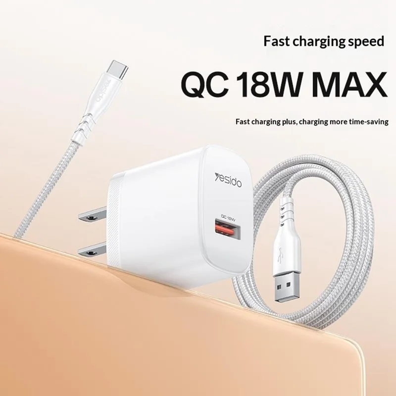 YESIDO YC24U US Plug QC 3.0 18W USB-A Fast Charging Adapter Wall Charger with 1m USB-A to Type-C Cable - White