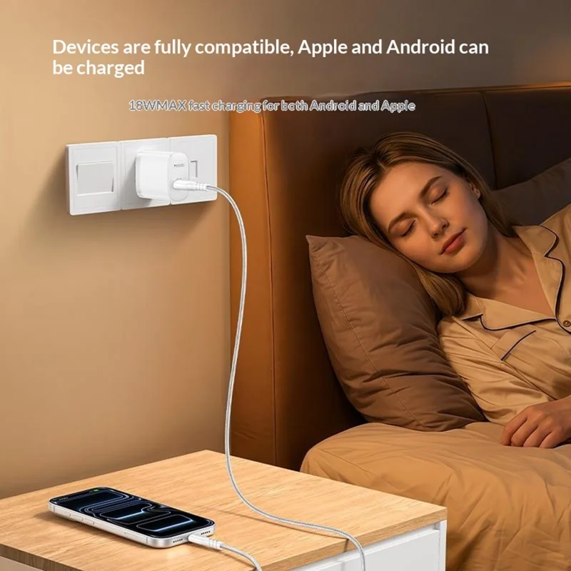 YESIDO YC24U US Plug QC 3.0 18W USB-A Fast Charging Adapter Wall Charger with 1m USB-A to Type-C Cable - White