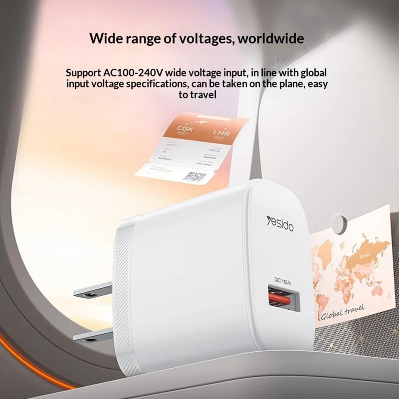 YESIDO YC24U US Plug QC 3.0 18W USB-A Fast Charging Adapter Wall Charger with 1m USB-A to Type-C Cable - White