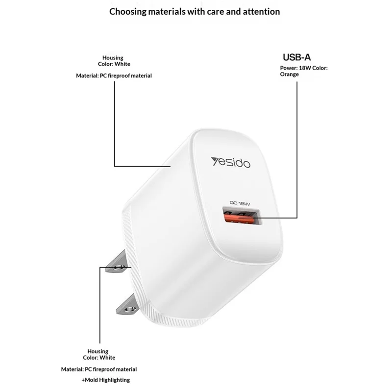 YESIDO YC24U US Plug QC 3.0 18W USB-A Fast Charging Adapter Wall Charger with 1m USB-A to Type-C Cable - White