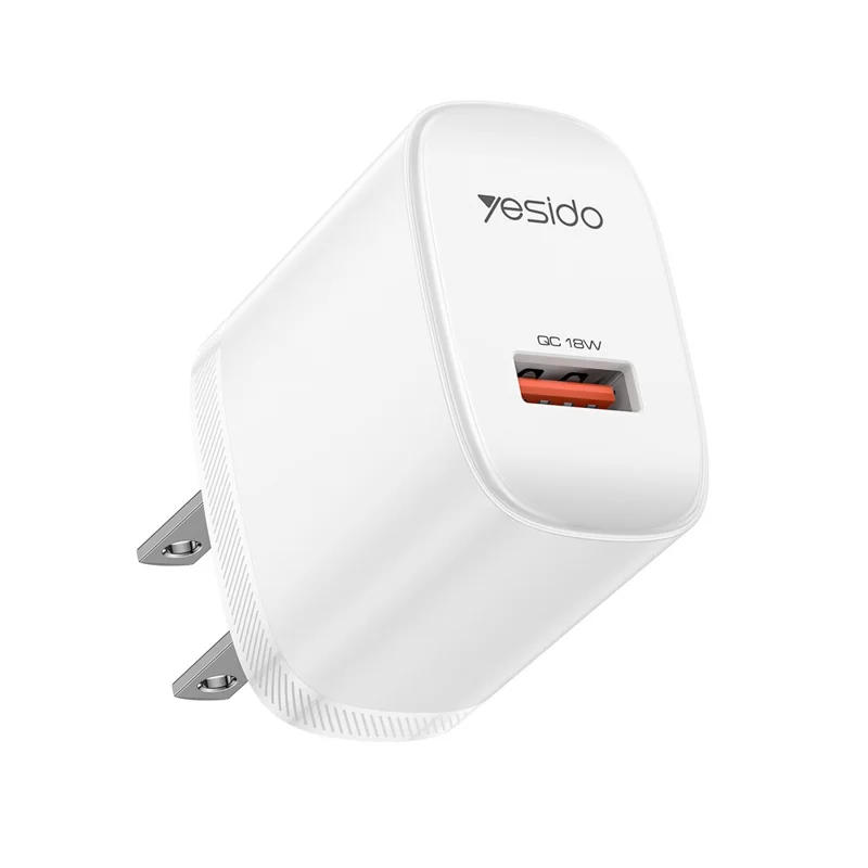 YESIDO YC24U US Plug QC 3.0 18W USB-A Fast Charging Adapter Wall Charger with 1m USB-A to Type-C Cable - White
