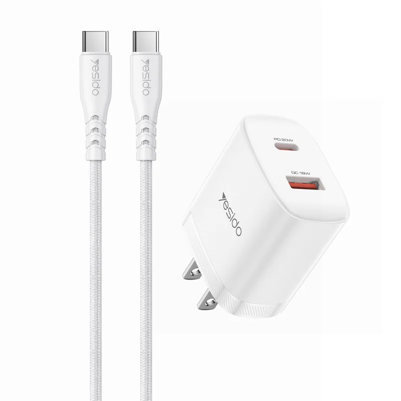 YESIDO YC19U US Plug PD 20W USB-C + QC 18W USB-A Wall Charger Dual Port Fast Charging Adapter with 1m Type-C Cable - White