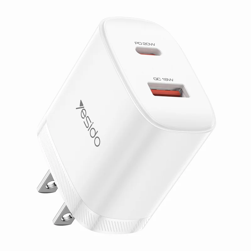 YESIDO YC19U US Plug PD 20W USB-C + QC 18W USB-A Wall Charger Dual Port Fast Charging Adapter with 1m Type-C Cable - White