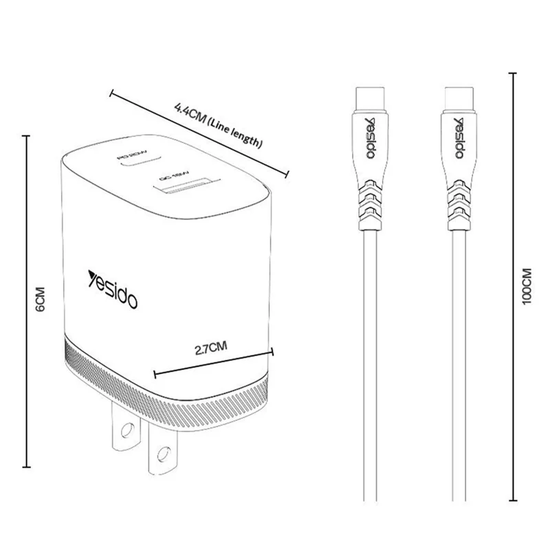 YESIDO YC19U US Plug PD 20W USB-C + QC 18W USB-A Wall Charger Dual Port Fast Charging Adapter with 1m Type-C Cable - White