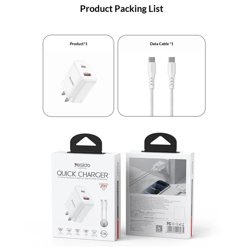YESIDO YC19U US Plug PD 20W USB-C + QC 18W USB-A Wall Charger Dual Port Fast Charging Adapter with 1m Type-C Cable - White