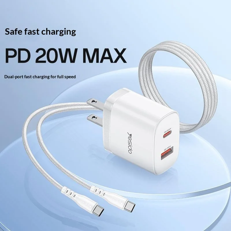 YESIDO YC19U US Plug PD 20W USB-C + QC 18W USB-A Wall Charger Dual Port Fast Charging Adapter with 1m Type-C Cable - White