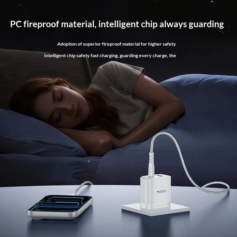 YESIDO YC19U US Plug PD 20W USB-C + QC 18W USB-A Wall Charger Dual Port Fast Charging Adapter with 1m Type-C Cable - White