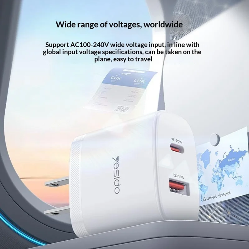 YESIDO YC19U US Plug PD 20W USB-C + QC 18W USB-A Wall Charger Dual Port Fast Charging Adapter with 1m Type-C Cable - White