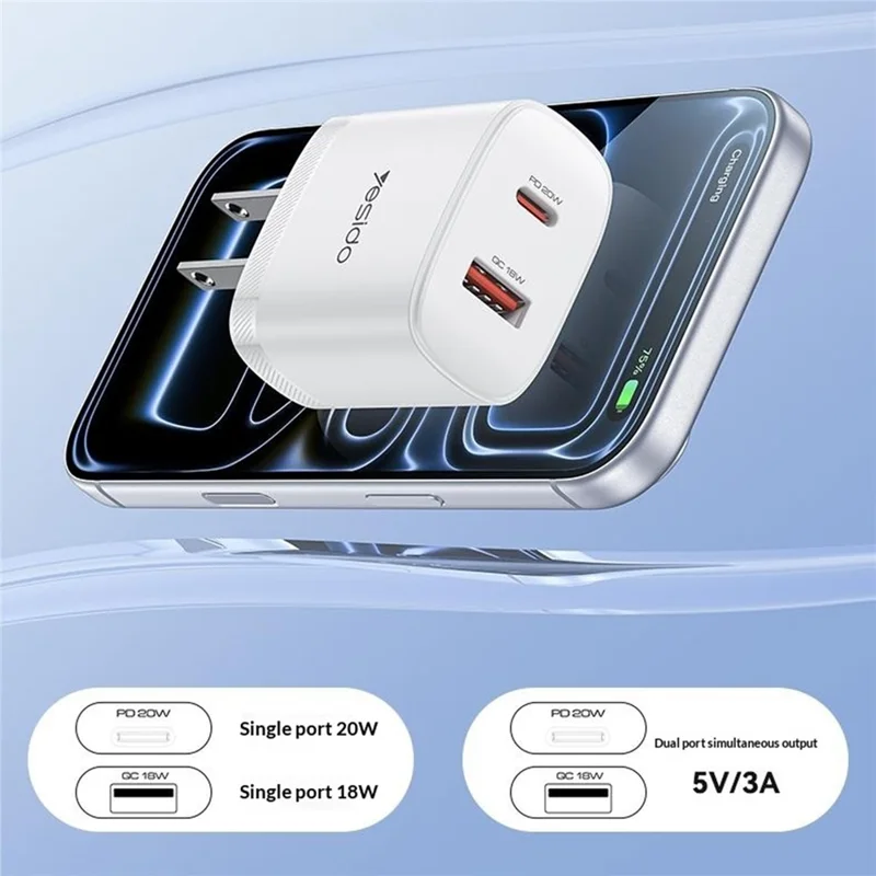 YESIDO YC19U US Plug PD 20W USB-C + QC 18W USB-A Wall Charger Dual Port Fast Charging Adapter with 1m Type-C Cable - White