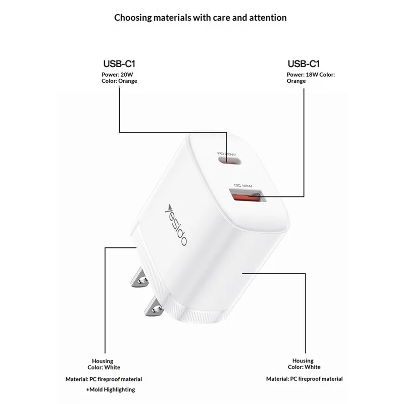 YESIDO YC19U US Plug PD 20W USB-C + QC 18W USB-A Wall Charger Dual Port Fast Charging Adapter with 1m Type-C Cable - White