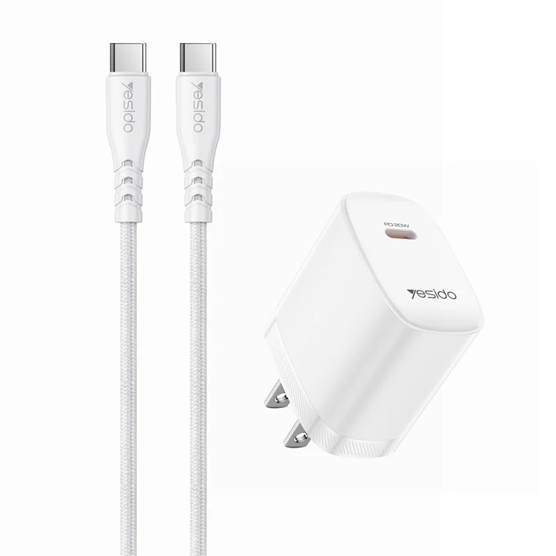 YESIDO YC18U US Plug PD 20W USB-C Fast Charging Adapter Wall Charger with 1m Type-C Cable for iPhone iPad - White
