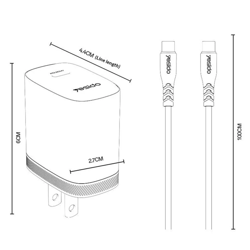 YESIDO YC18U US Plug PD 20W USB-C Fast Charging Adapter Wall Charger with 1m Type-C Cable for iPhone iPad - White