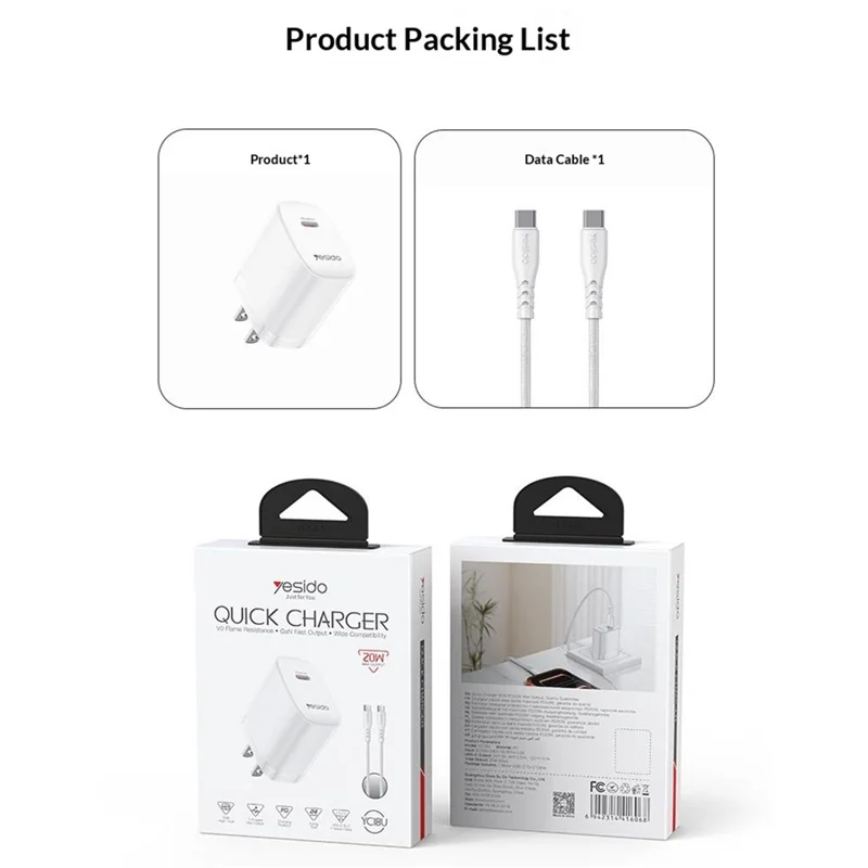 YESIDO YC18U US Plug PD 20W USB-C Fast Charging Adapter Wall Charger with 1m Type-C Cable for iPhone iPad - White